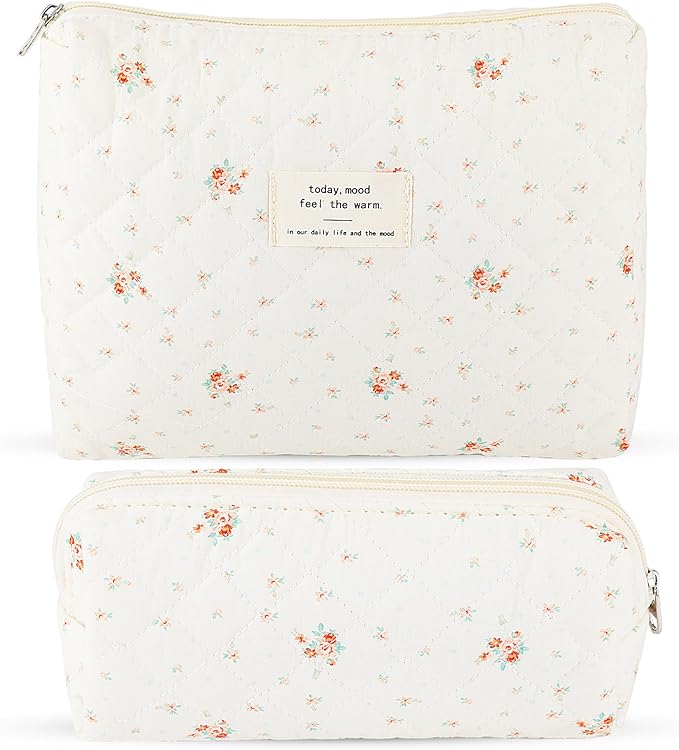 2Pcs Quilted Cotton Makeup Bag Large Travel Makeup Pouch Small Brush Holder Set for Women Floral Coquette Makeup Bag Cute Aesthetic Cosmetic Bag White Toiletry Organizer Storage Bag Big Zipper Pouch