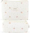 2Pcs Quilted Cotton Makeup Bag Large Travel Makeup Pouch Small Brush Holder Set for Women Floral Coquette Makeup Bag Cute Aesthetic Cosmetic Bag White Toiletry Organizer Storage Bag Big Zipper Pouch