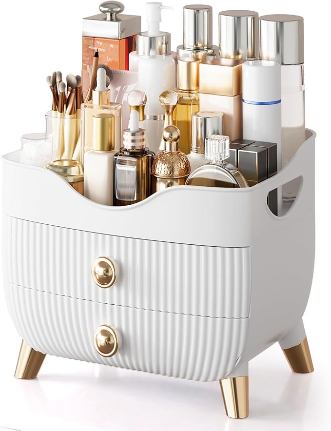 Makeup Organizer Countertop, Large Capacity Skincare Cosmetic Organizer for Vanity with 2 Drawers, Cosmetic Display Cases Makeup Storage Box for Bedroom, Bathroom, Ideal Gifts for Women(White)