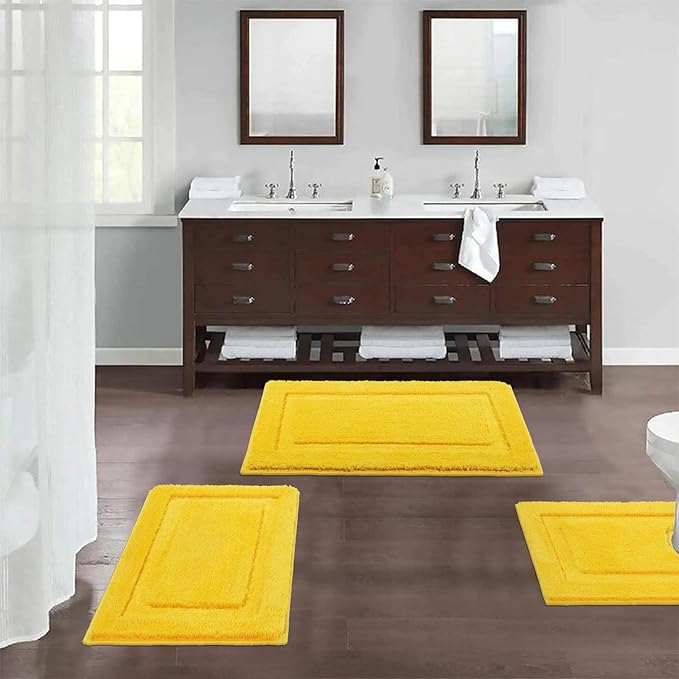 SHACOS Yellow Fall Bathroom Rugs Sets 3 Piece, 16"x24" + 20"x32" Non Slip Bath Mat and 20"x24" Toilet Rugs U Shaped Washable, Soft Fluffy Water Absorbent Bath Rugs for Bathroom