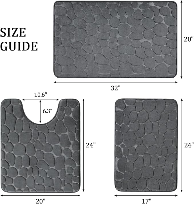 YIHOUSE Bathroom Rugs Mat Set 3 Piece Dark Grey, Memory Foam Bath Mats Sets, Non Slip Water Absorbent Washable Bath Rugs for Sink, Toilet and Floor