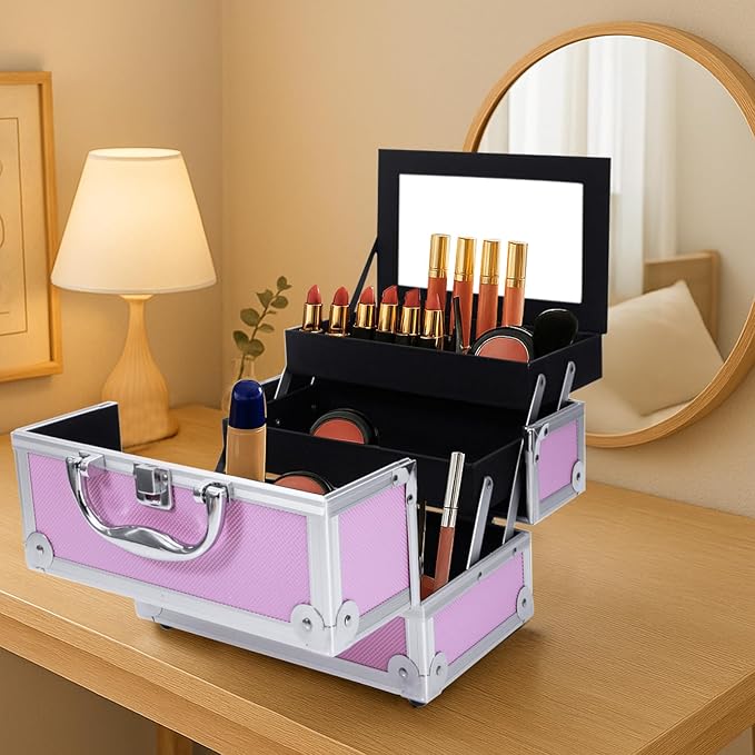 Makeup Train Case, Makeup Case Organizer with Mirror, Portable Cosmetic Box Storage with 2 Trays, Make Up Travel Case for Nail Kits Cosmetics Craft Traveling, Gifts for Women and Girls (Pink)