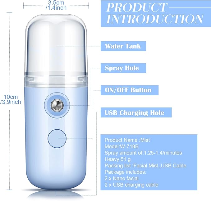 Honoson 2 Pack Nano Facial Mister Spray Bottle Handheld Humidifier Portable Face Mister for Eyelash Extensions USB Rechargeable 1 oz Mini Skin Care Machine for Daily Makeup(Black and Blue)