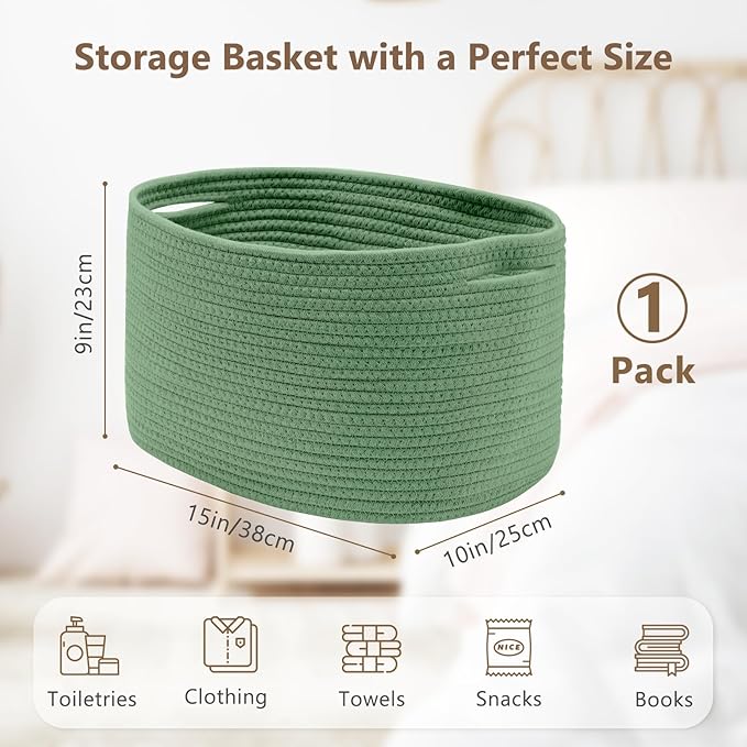 Cotton Rope Storage Basket, 15x10x9 Inches, Woven Basket for Shelves, Clothes, Towels, Books, and Laundry, Green (1 Pack)