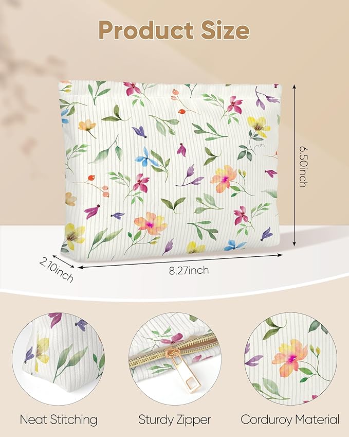 Cute Floral Makeup Pouch for Women Small Make Up Bag for Purse Zipper Initial Makeup Cosmetic Bags Pouches for Purse Aesthetic Travel Toiletry Bags, Colorful Floral