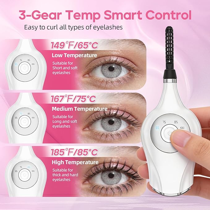 Heated Eyelash Curler, 3 in 1 Heated Lash Curlers Electric Lash Curler Eyelash Curlers Heated for Women, 3 Heat Modes Makeup Tools with USB-C Rechargeable, 24H Curl