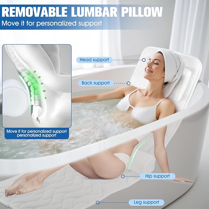 Full Body Bath Pillow for Bathtub,Luxury Thick Bath Cushion for Soaking Tub w/Adjustable Lumbar Support Full Body Bathtub Pillows for Head and Neck Shoulder Support,5D Air Mesh,51"x 16.5"White