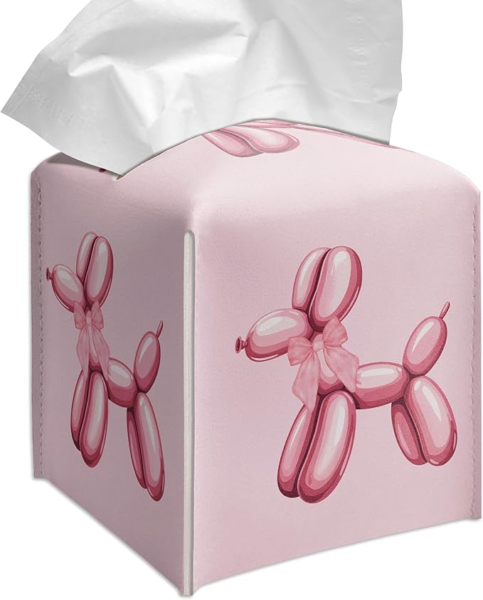 Grace Yonks Cute Tissue Box Cover Square - Pink Balloon Dog & Bow Design 5.2" PU Leather Holder for Vanity, Desk, or Bathroom Counter - Cube Case for Facial Tissues(011)