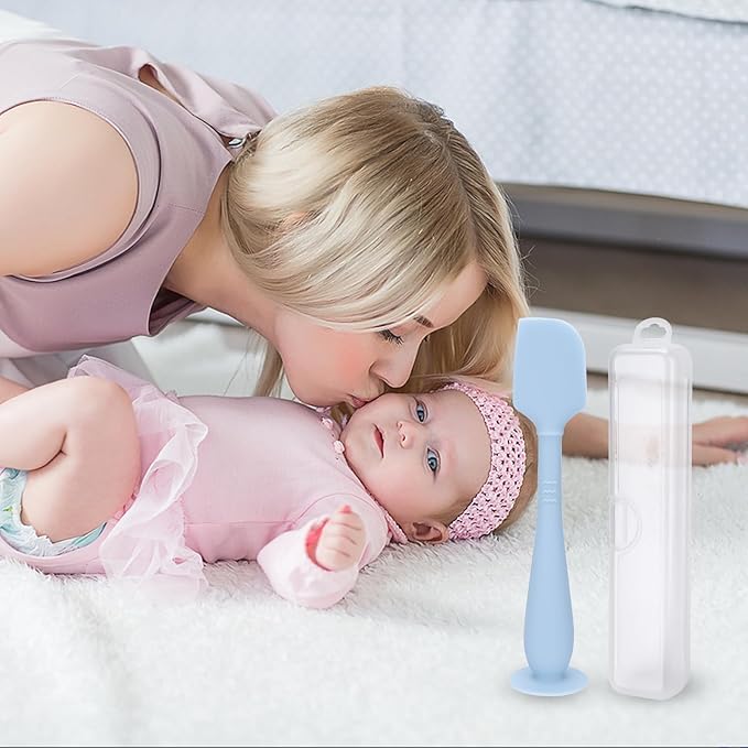 2 Pack Diaper Cream Spatula with Hygienic Travel Case, Butt Spatula Baby with Suction Base, Baby Butt Paste Spatula, Soft Silicone Diaper Rash Cream Applicator Large Size (Blue & Offwhite)