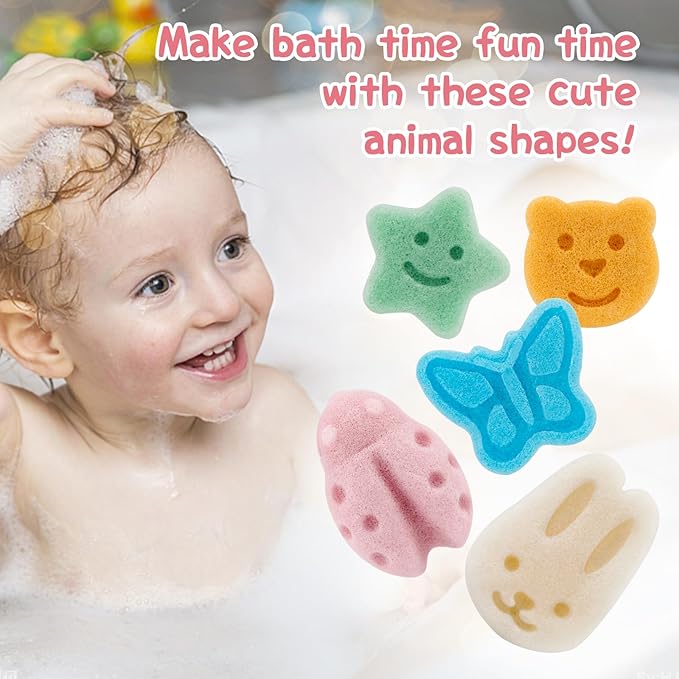 Konjac Baby Sponge Set for Bathing - Natural Soft Bath Sponges for Infants Newborns Toddlers with Cute Cartoon Shapes Safe Organic Kids Baby Bath Loofahs Ideal for Toddler Bath Time (5pcs)
