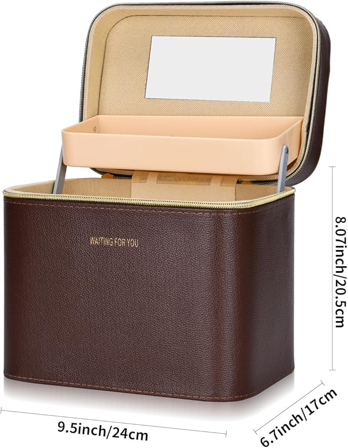 Luxury Fashion makeup box, Portable leather hard cosmetic case with mirror, Sturdy train case make up box for women adults. (Double-white)