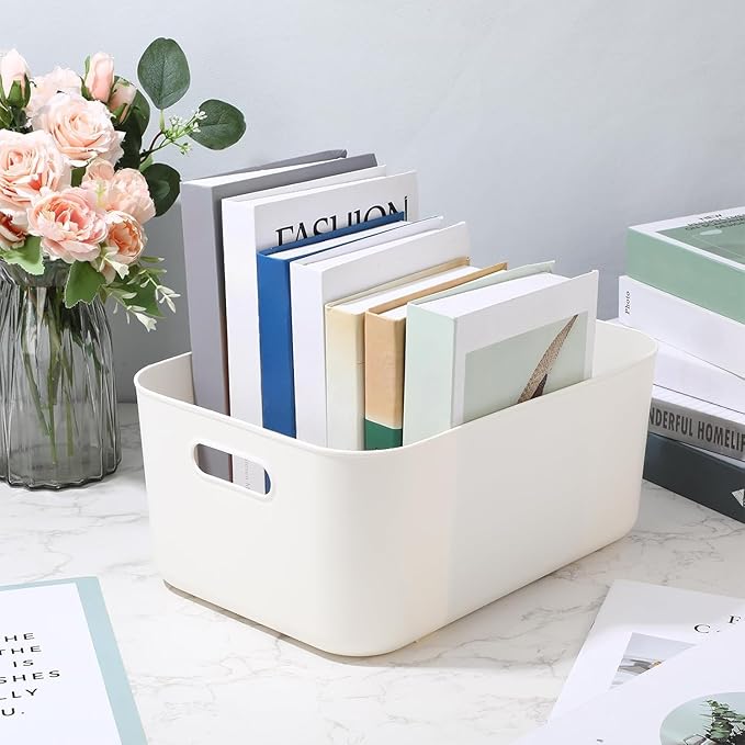 Ytteve White 2-Pack Large Plastic Storage Bins with Handles, 14.2" x 10" x 6.3" Stackable Organizer Containers for Closet, Shelves, Drawers, Office & Classroom