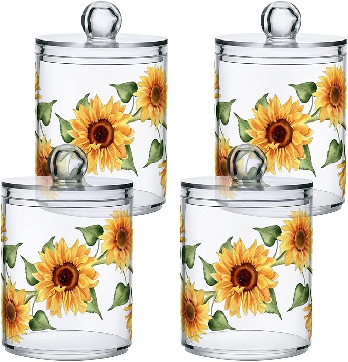 2 Pack Qtip Holder Dispenser for Cotton Ball Sunflower Wreath Cotton Swab Round Pads Clear Plastic Acrylic Jar Set Bathroom Canister