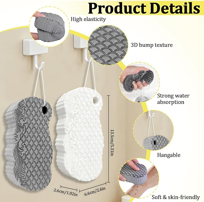 2Pcs Magic Exfoliating Bath Sponge, 3D Ultra Soft Deep Cleansing Body Sponge with Lanyard, Gently and Painlessly Removes Dead Skin & Impurities, Skin Friendly Reusable Sponges (White + Gray)
