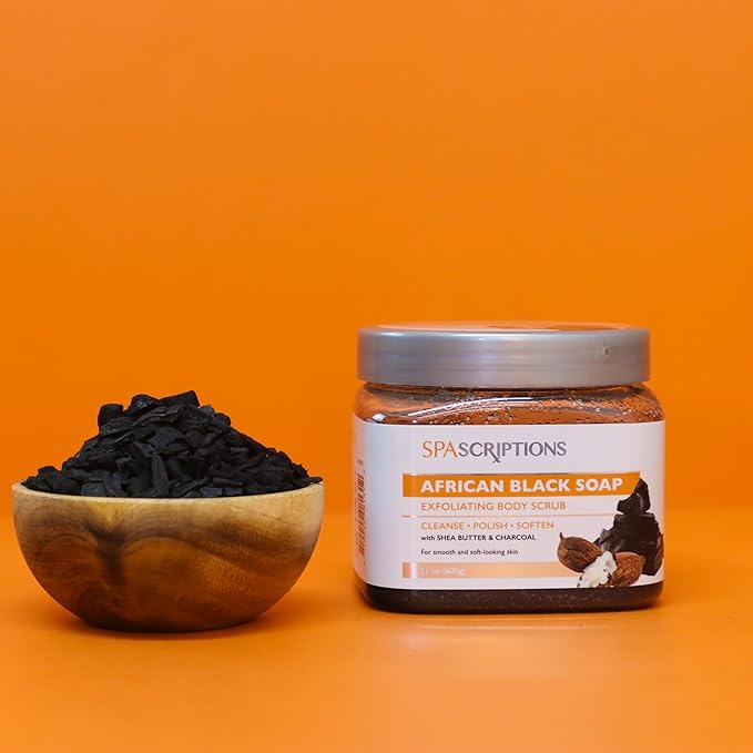 SpaScriptions African Black Soap Sugar Scrub - Detoxifying Body Scrub Exfoliator with Shea Butter & Charcoal, Ideal for Oily or Congested Skin, Supports Deep Pore Cleansing & Clarifying Skin, 21 oz