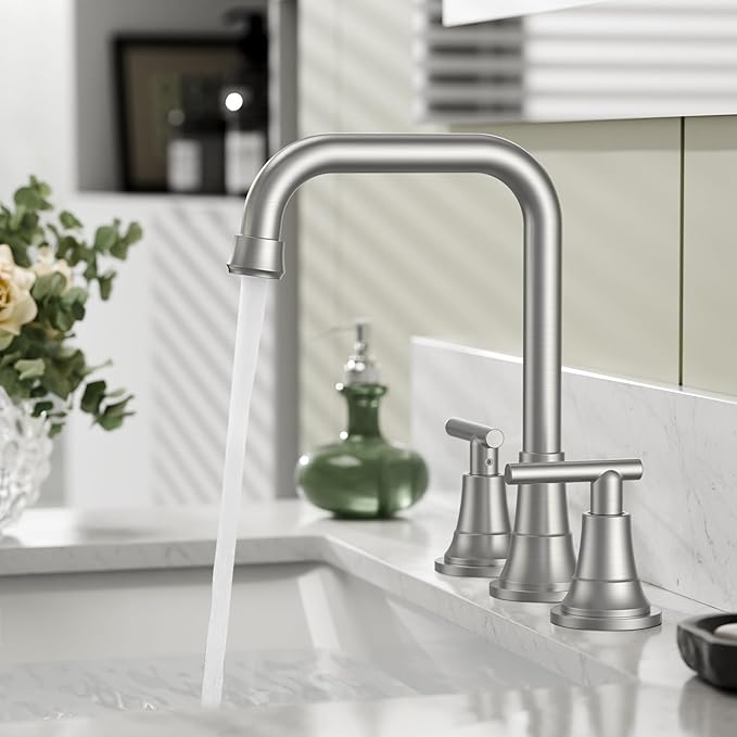 FORIOUS Brushed Nickel Bathroom Faucet 3 Hole with Dual Handles, 8 Inch Widespread Faucet for Bathroom Sink with Pop Up Drain Assembly and Water Suplly Hoses, RV Vantiy Farmhouse Ready