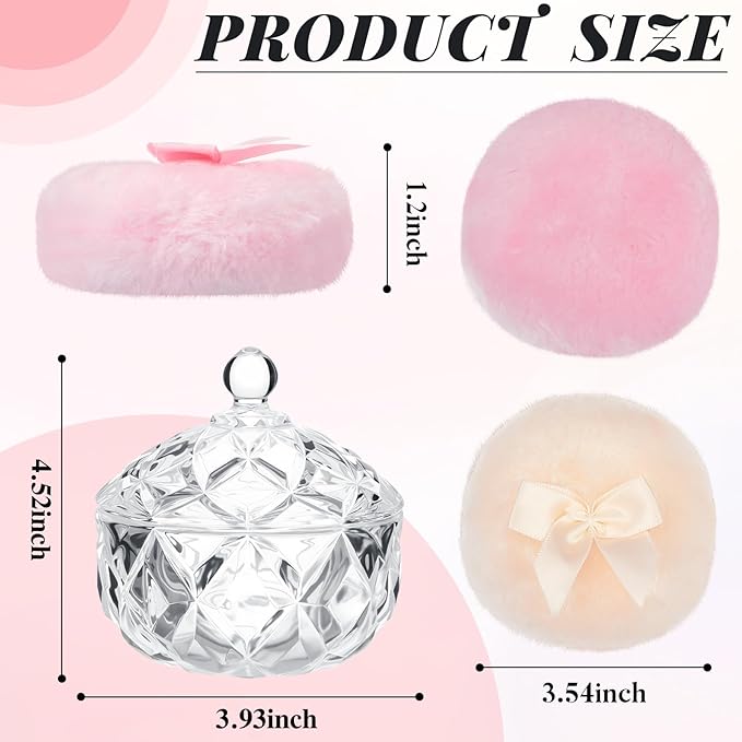 Tioncy 3 Pcs Large Body Powder Puff and Container Valentine's Day gift Powder Container with Puff Crystal Case Soft Washable Reusable Velour Face Body Glitter Wet Dry Makeup(Cute,Clear)