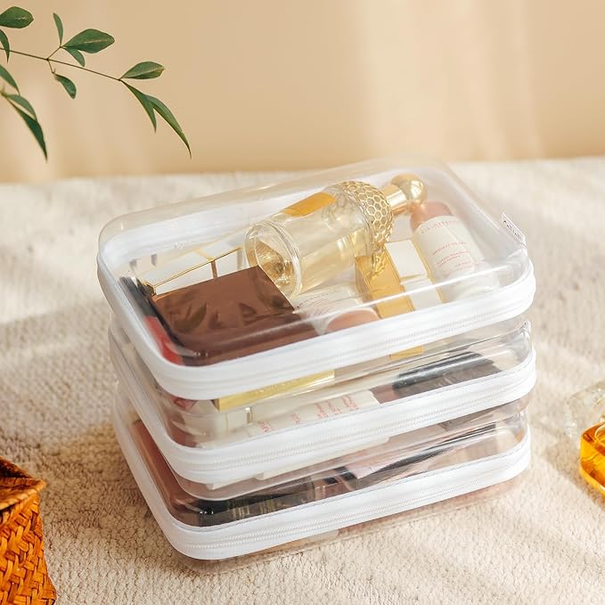 6PCS Clear Hard Shell Zipper Case,Portable Cosmetic Bag with Zipper,Kid's Toy Storage Organizer Bins,Hard Plastic Case,Clear Bags for Organizing