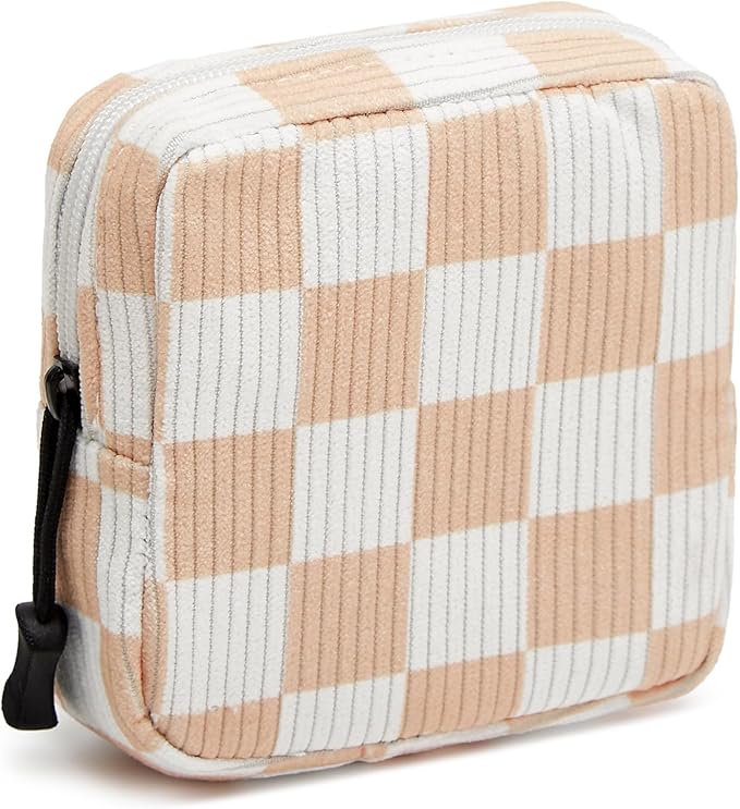 Small Makeup Bag for Purse,Mini Cosmetics Bag cute Zipper corduroy Cosmetic Pouch Storage Pouch Travel Toiletry Organizer for Women Girls(Checkered Orange)