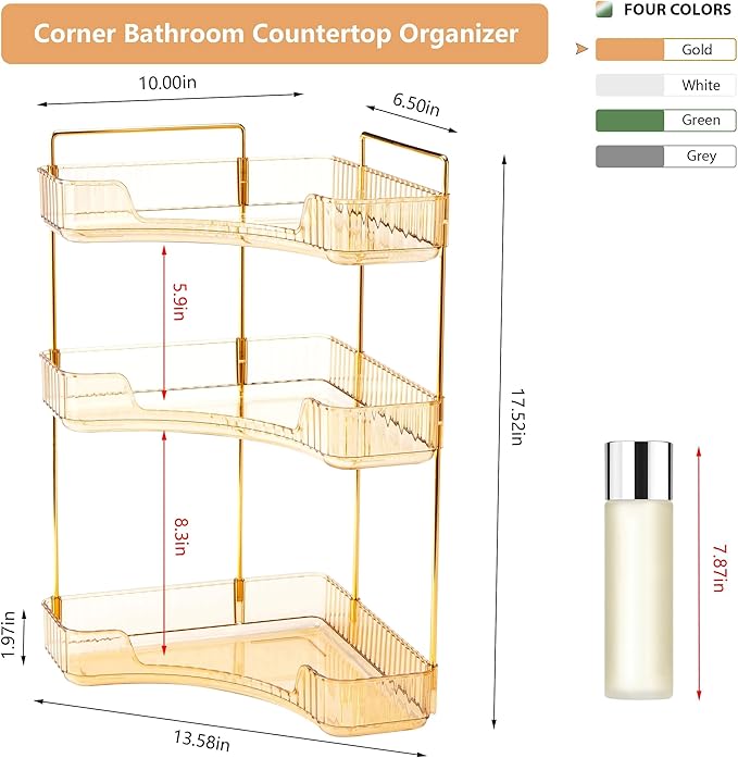 Corner Bathroom Counter Organizer Bathroom Countertop Shelf Makeup Organizer for Vanity Perfume Tray for Corner Storage (3 Tiers, Gold)