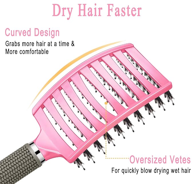 KTKUDY Detangling Hair Brush - Boar Bristle & Tangle-Free Design for Kids, Women, and Men - Perfect for Wet and Dry Hair - Smooth, Magical Pain-Free Styling (Pink)