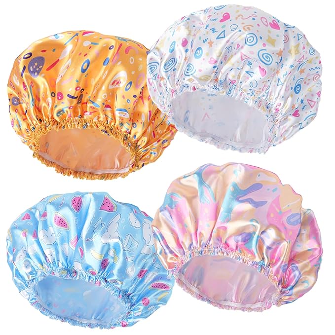 4 PCS Shower Cap for Women, Elastic and Reusable Bath Caps, Double Layers Shower Caps Reusable Waterproof, Bathing Shower Caps, Environmental Bath Hair Protection Cap - Watermelon