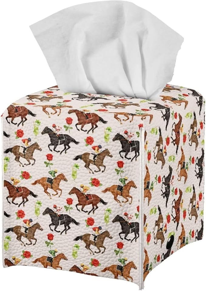 Racing Horse Flower Portable Tissue Box Holder, Lightweight PU Leather Square Tissue Cover with Metal Button, Easy Refill Waterproof Napkin Dispenser for Travel, Car, Office, and Bedroom