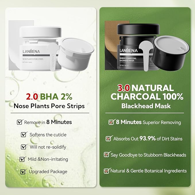 LANBENA 2-Pack Pore Strips: 2% Salicylic Acid BHA Nose Strips + Bamboo Charcoal Blackhead Peel-Off Mask | Deep Cleansing, Purifying Pore Treatment for Blackhead & Oil Removal
