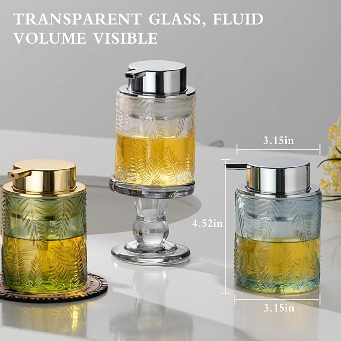 Glass Foam Soap Dispenser for Kitchen & Bathroom - Refillable Lotion Dispenser with Large Gold Pump (Leaf Pattern-Pink)