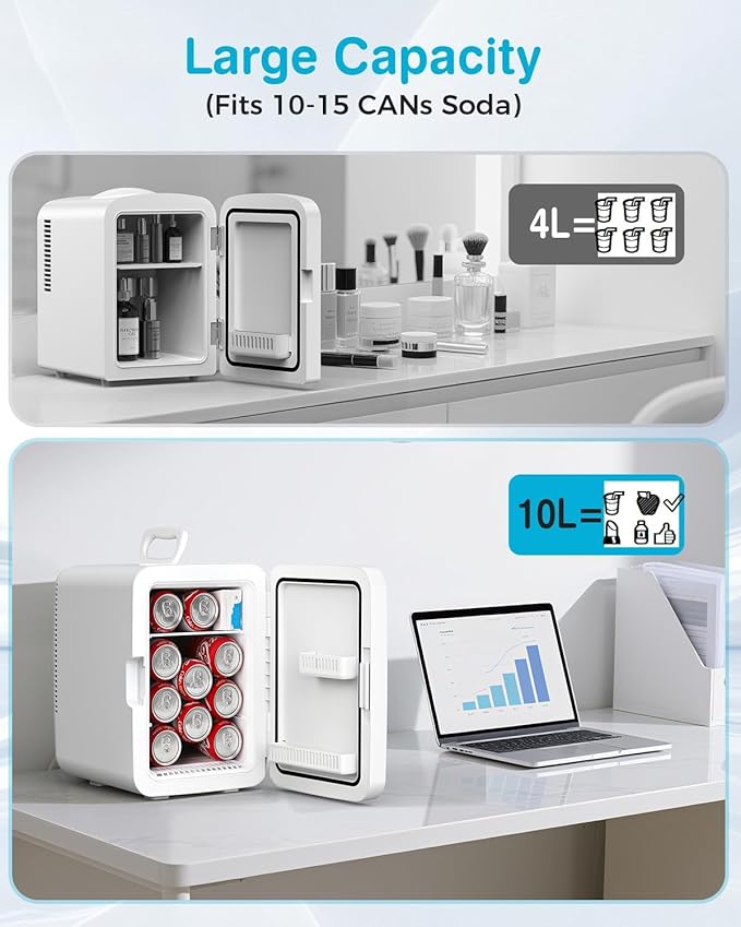 Compact Mini Fridge, Portable Small Refrigerator with AC/DC Adapters, 10 Liter / 2.6 Gal Small Cosmetics Cooler for Beverage, Food, Skincare, Bedroom, Office and Car, White