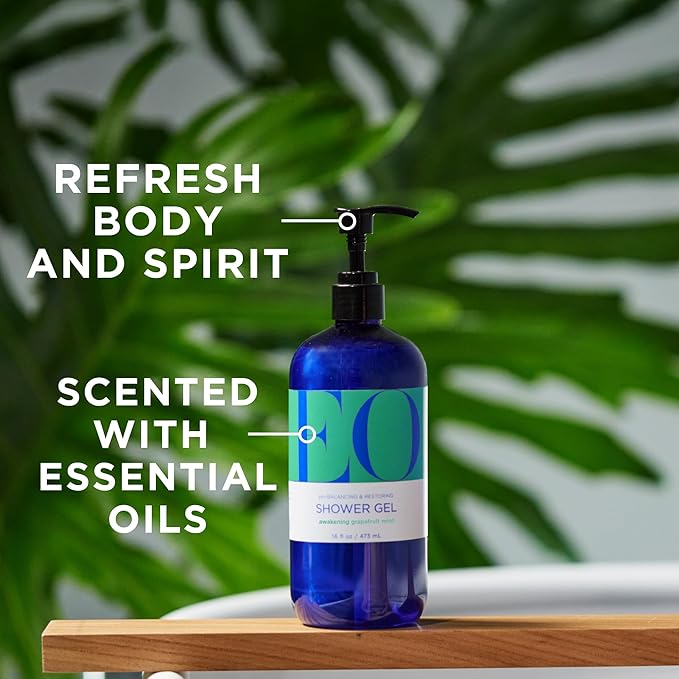 EO Shower Gel Body Wash, 16 Ounce (Pack of 2), Grapefruit and Mint, Organic Plant-Based Skin Conditioning Cleanser with Pure Essentials Oils