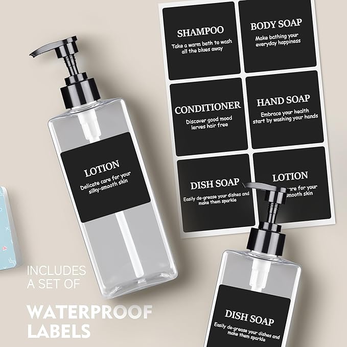 Clear Refillable Plastic Pump Bottle Dispenser Set with Waterproof Labels, Empty Bathroom Soap and Body Wash Dispenser for Shower (Set of 3, 500ML)