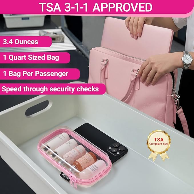 YQBRA 3 Pack Clear Hard Shell Zipper Case, See-Through Hard Plastic Organizer Pouches with Zipper for Travel, Toiletries, Makeup, Electronics & Pencils - Crush-Resistant Storage (L Pink)