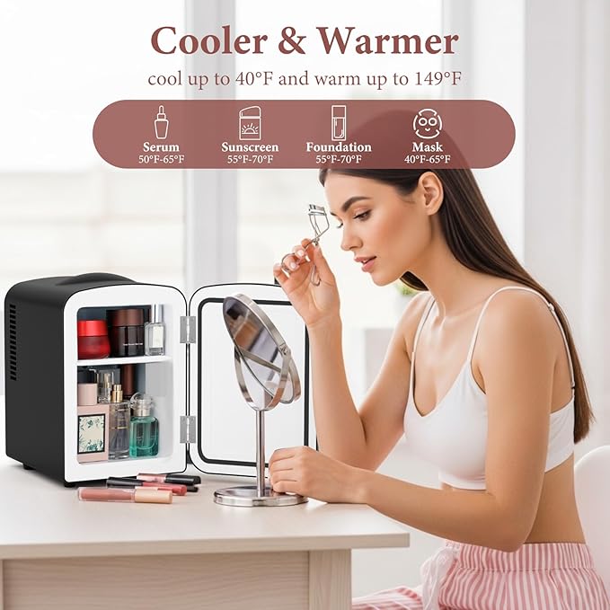 Xbeauty Retro Mini Fridge, Compact Refrigerator with 4L Capacity/6 Cans，Cooler & Warmer, Removable Shelf for Skincare, Beverages, Cosmetics, Perfect for Dorm, Bedroom, Black