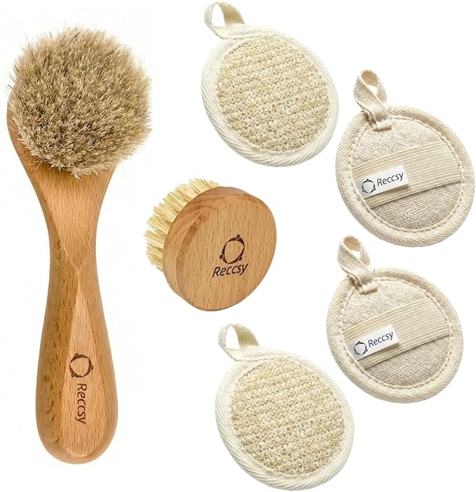 Face Dry Brush for Lymphatic Drainage Set,Exfoliating Face Brush+Face Scrubber for Women+4pcs Organic Facial Exfoliating Pads Reusable.Wooden Small Soft Bristle Facial Brushes for Cleaning.
