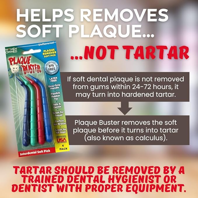 Plaque Buster (16 Count) Soft Interdental Pick, Gum Stimulator & Plaque Remover, Made in USA, for Oral Health and Healthy Gums, Multi-Colored