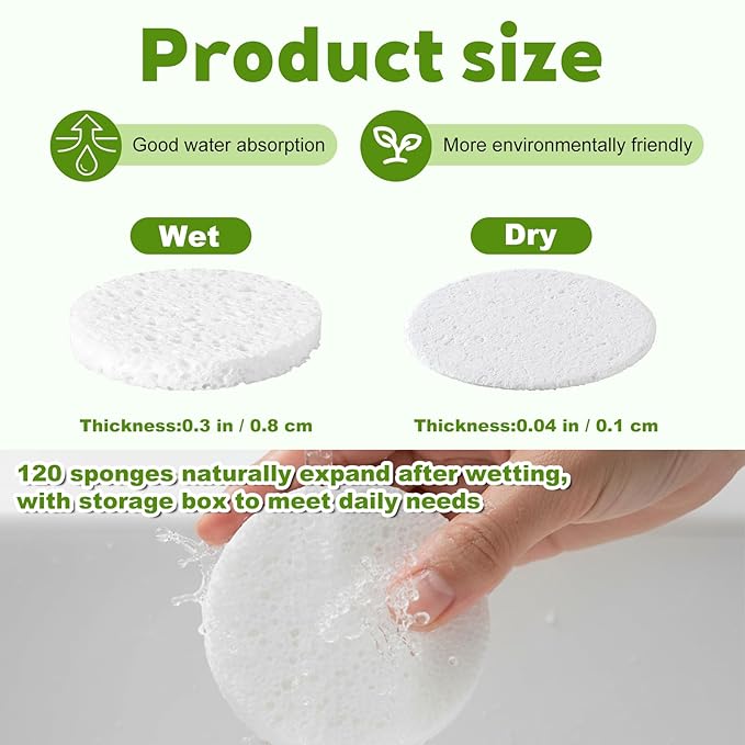 120 Pcs Compressed Facial Sponges with Container, Disposable Round Face Sponge Pads Portable Makeup Removal Wash Sponges for Women Cleansing Makeup Spa (White)