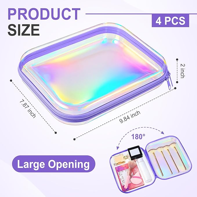 Hoolerry 4 Pcs Hard Clear Zipper Case Makeup Bags Plastic Zipper Pouch Transparent Storage Box Containers for Cosmetics, Snacks, Building Blocks, Puzzles(Clear,9.8 x 7.9 x 2 in,Purple Laser)