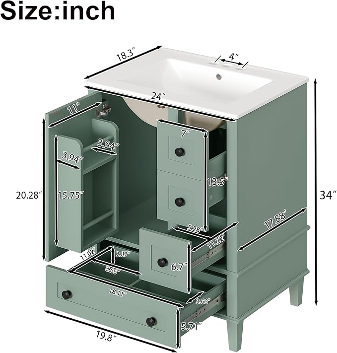 Bellemave 24" Bathroom Vanity with Sink Combo Set, Solid Wood Frame Bathroom Storage Cabinet with 3 Drawers, Soft Closing Cabinet Door with Organizer, Light Green