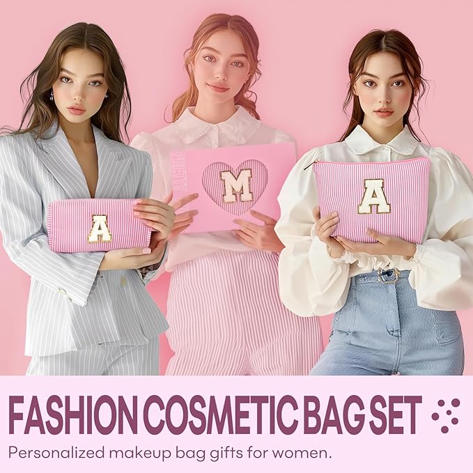 2 PCS Initial Makeup Bags for Women: Cosmetic Bag for Travel Toiletry - Birthday Gifts for 11 12 13 14 15 16 17 18 Years Old Girl Graduation Teacher Gift- Teen Girl Gifts Trendy Stuff - Pink S