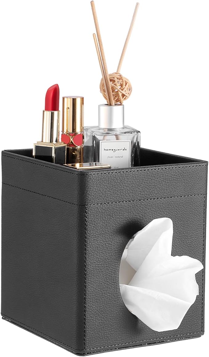 Sumnacon Square Tissue Box Cover with Storage Tray, Decorative Cube Tissue Holder PU Leather Facial Tissues Organizer Stylish Modern Tissue Dispenser for Bathroom Toilet Tank Vanity Dresser Table