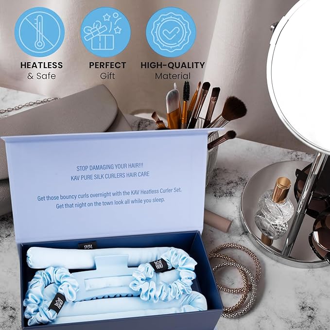 KAV 100% Mulberry Silk Heatless Curling Rod Headband Set with Clip & Scrunchies – Overnight Heatless Hair Curler for Women, No Heat Damage, Soft Hair Roller for Natural Curls & Waves