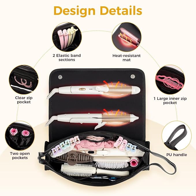 Hair Tools Travel Bag and Heat Resistant Mat, 2 in 1 Portable Organizer Hair Travel Case for Curling Iron, Hair Straightener, Flat Irons, PU Hangable Handle, Neoprene (Elegant Black)