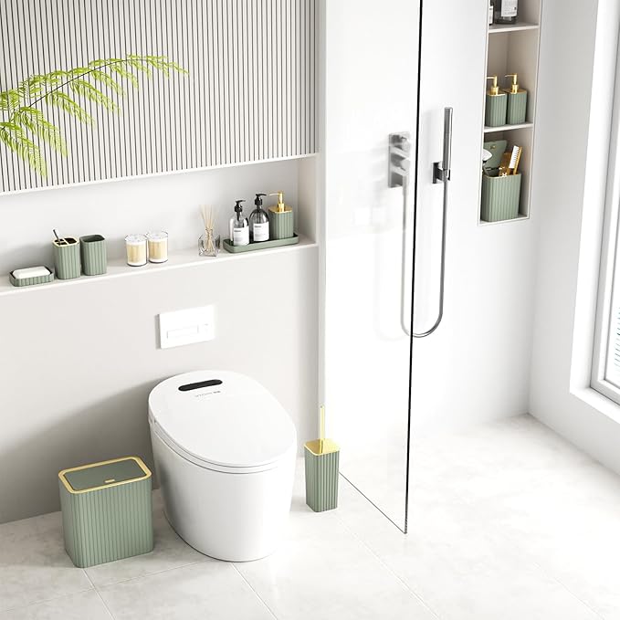 Bathroom Accessory Set - Sage Green Bathroom Set, 12PC Bathroom Accessories Set, Mini Trash Can, Toilet Brush, Trash Can & Soap Dispenser