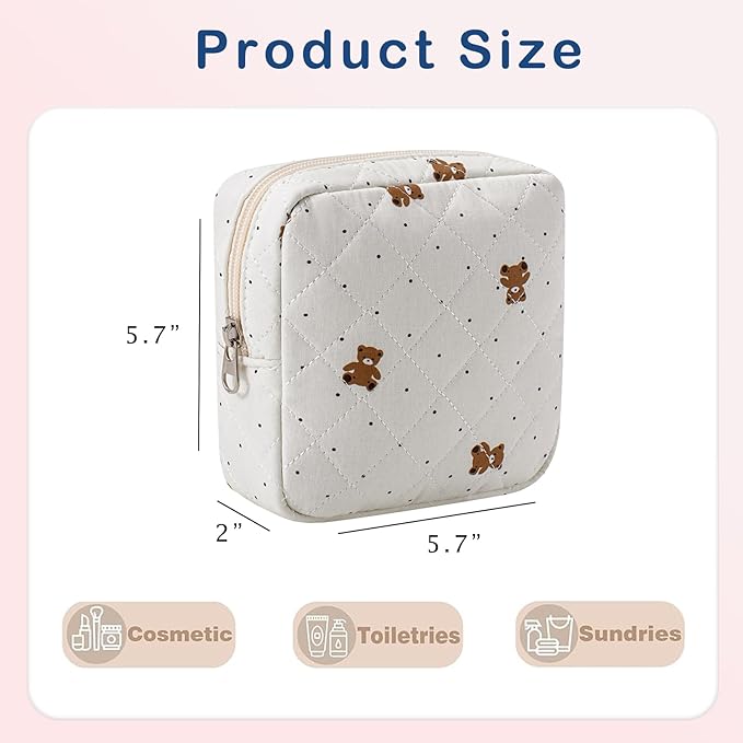 Small Quilted Cosmetic Pouch for Purse, Mini Cotton Makeup Bag with Compartments, Cute Zipper Lipstick Holder for Women (15Dot Bear)