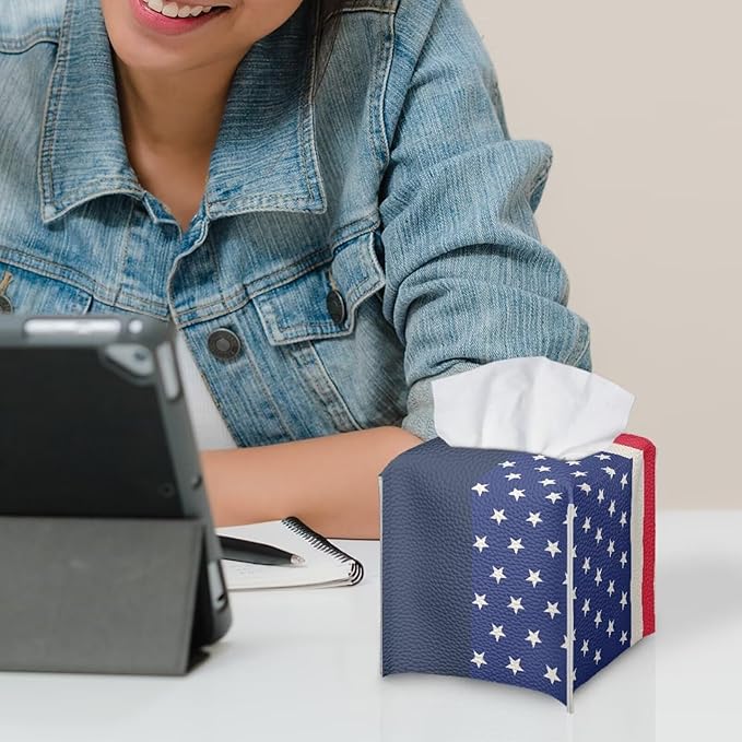 American Flag Tissue Box Holder Stylish Leather Square Tissue Box Cover with Top Handle Waterproof Napkin Case Holder Home Office Bathroom Decor