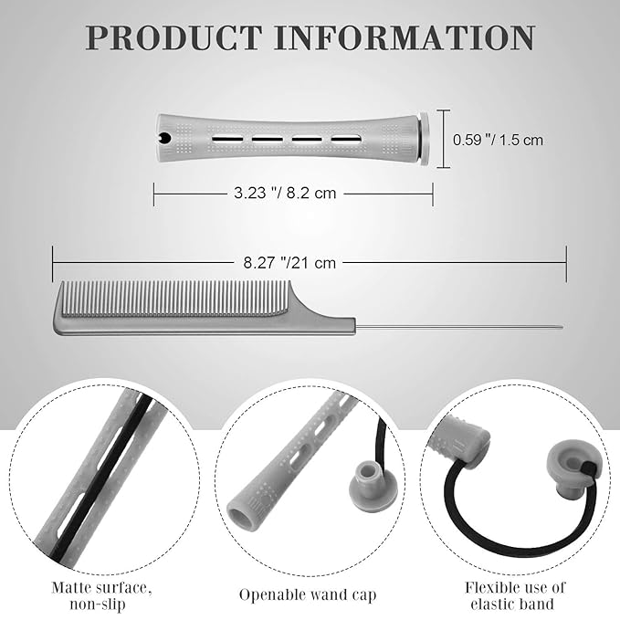 Chuangdi 24 Pcs Hair Perm Rods Plastic Cold Wave Perming Curlers Hair Rollers with Steel Pintail Comb Rat Tail Comb Tools for Hairdressing Styling(Grey,0.59 Inches)