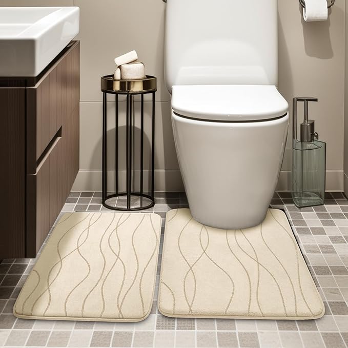 YIHOUSE Memory Foam Bathroom Rug Sets 2 Piece, Ultra Absorbent Bath Mat for Bathroom - Non-Slip Machine Washable & Dry Quickly, 2 Piece Bathroom Mat Set,Khaki