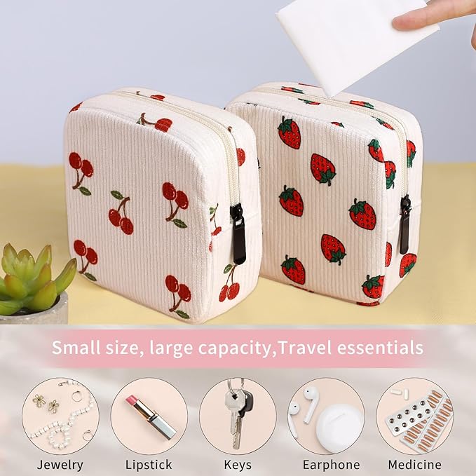 Period Bag for Women, Portable Corduroy Sanitary Napkin Storage Bag Cherry Period Pouch with Zipper, Sanitary Pads Bag Tampons Holder for Purse, First Period