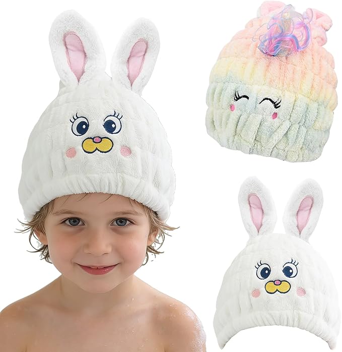 2 PCS Microfiber Hair Towel Wrap for Kids, Girls & Women,Cute Unicorn and White Rabbit Dry Hair Cap - Super Absorbent Quick Drying, Lightweight Turban Towel for Wet Hair